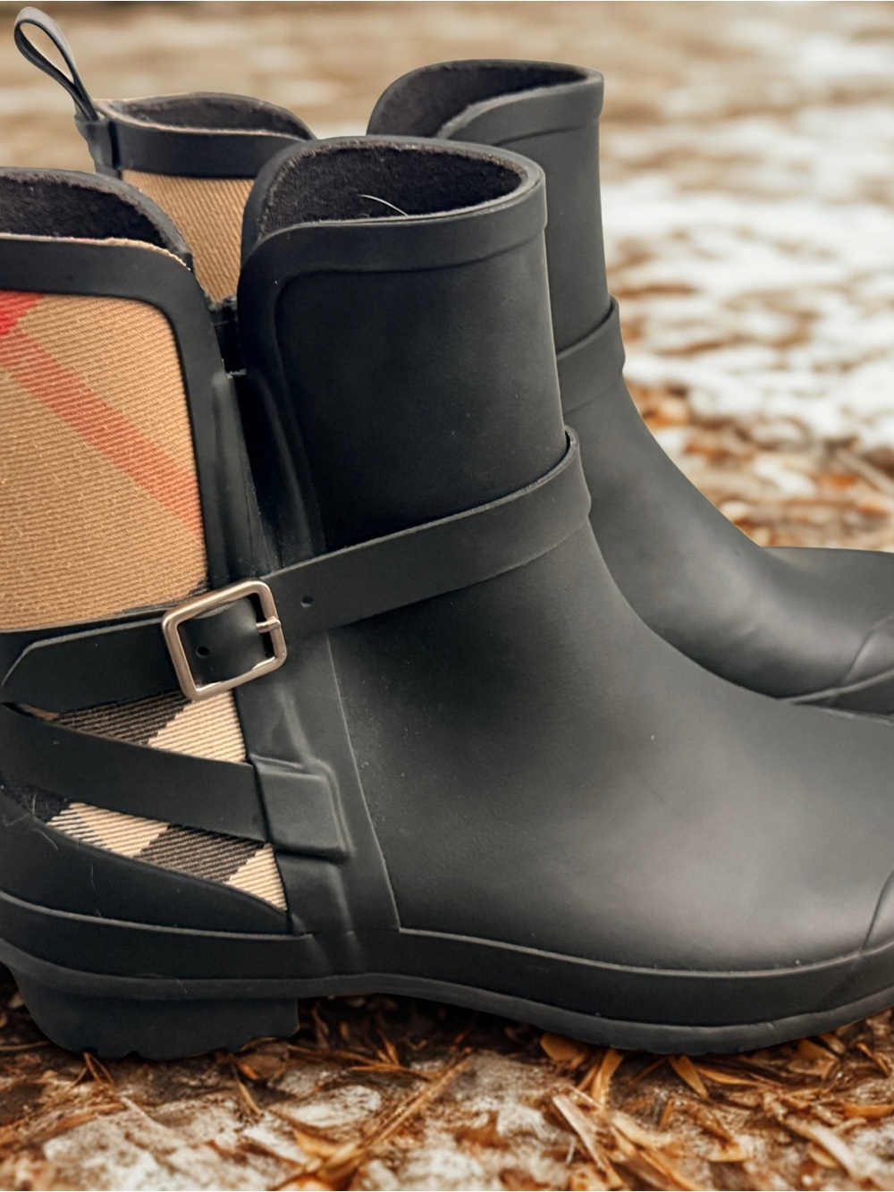 Burberry Black Ankle Rain Booties with Beige Nova Check Panel
